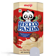 Box of Hello Panda cookie bites with a red background and Meiji branding.
